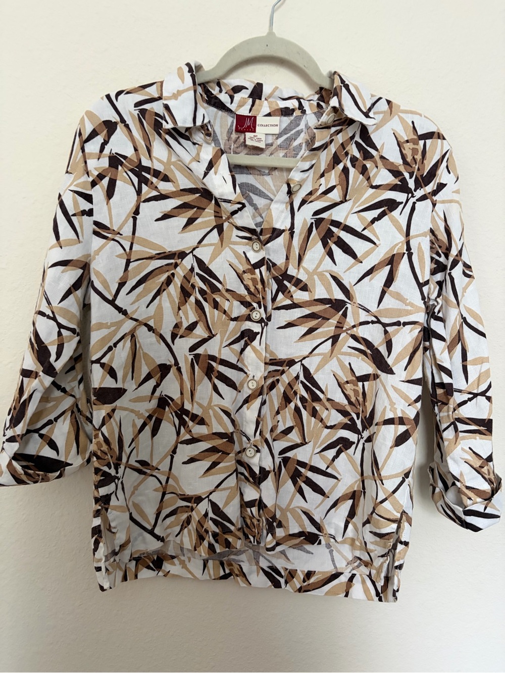 100% Linen White Button-Front Shirt Brown Leaf Tropical Print